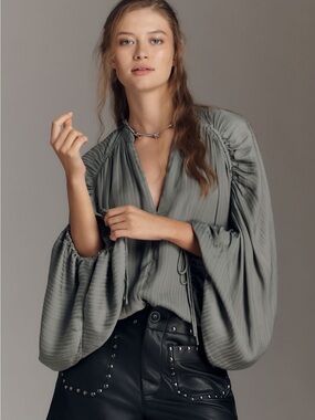 Anthropologie Sage Green Balloon-Sleeve Peasant Blouse